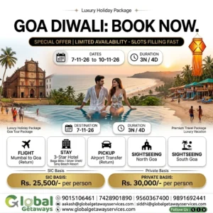 Goa Diwali tour package from Delhi featuring young couple by infinity pool overlooking Baga beach with return flight details