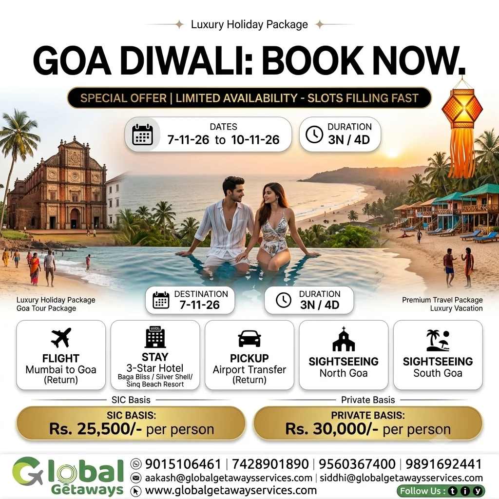 Goa Diwali tour package from Delhi featuring young couple by infinity pool overlooking Baga beach with return flight details