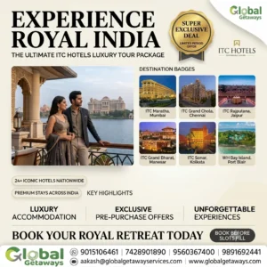 ITC Hotels luxury tour package from Delhi featuring royal couple on palace terrace overlooking lake palace with destination badges of ITC Maratha, Grand Chola, Rajputana, Grand Bharat, Sonar and Bay Island