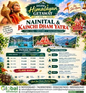 - Neem Karoli Baba ashram tour package from Delhi - Nainital 3 nights 4 days package price for couples - Delhi to Nainital Kainchi Dham private cab tour - Best travel agency in East Delhi for Uttarakhand tour - Nainital lakes Bhimtal Naukuchiatal family tour package
