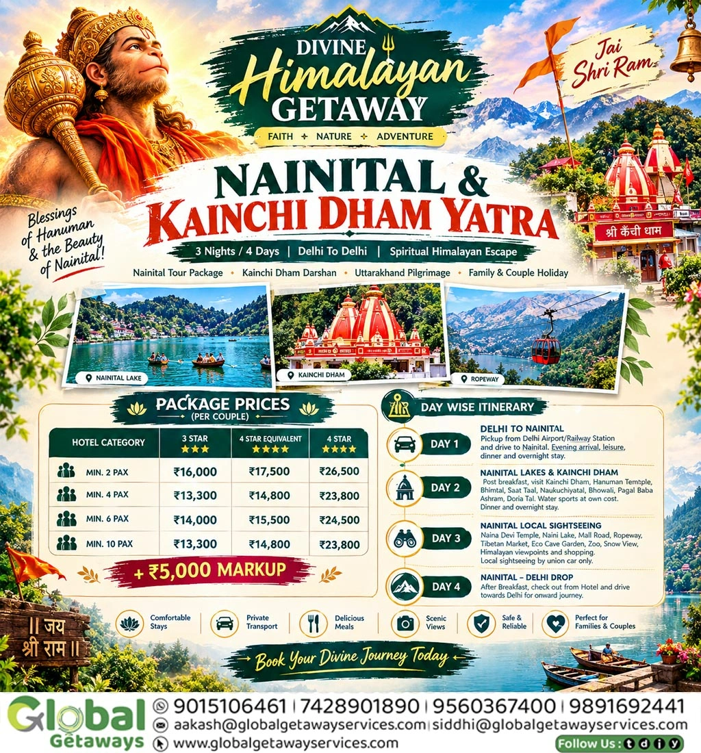 - Neem Karoli Baba ashram tour package from Delhi - Nainital 3 nights 4 days package price for couples - Delhi to Nainital Kainchi Dham private cab tour - Best travel agency in East Delhi for Uttarakhand tour - Nainital lakes Bhimtal Naukuchiatal family tour package