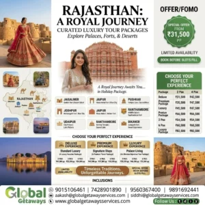 Rajasthan Luxury Tour Package from Delhi: Royal Journey at ₹31,500 2 Rajasthan luxury tour package from Delhi featuring a royal woman in traditional attire, majestic forts, and detailed pricing matrix