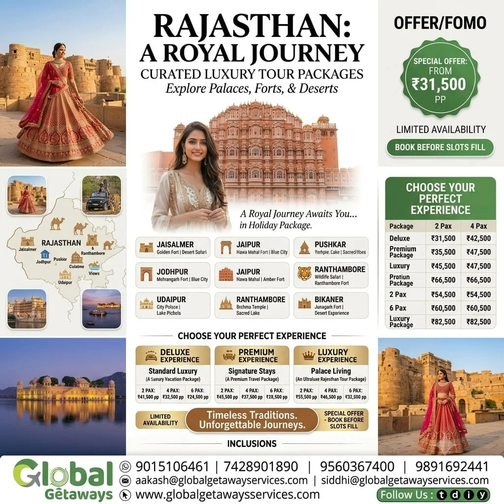 Rajasthan Luxury Tour Package from Delhi: Royal Journey at ₹31,500 1 Rajasthan luxury tour package from Delhi featuring a royal woman in traditional attire, majestic forts, and detailed pricing matrix