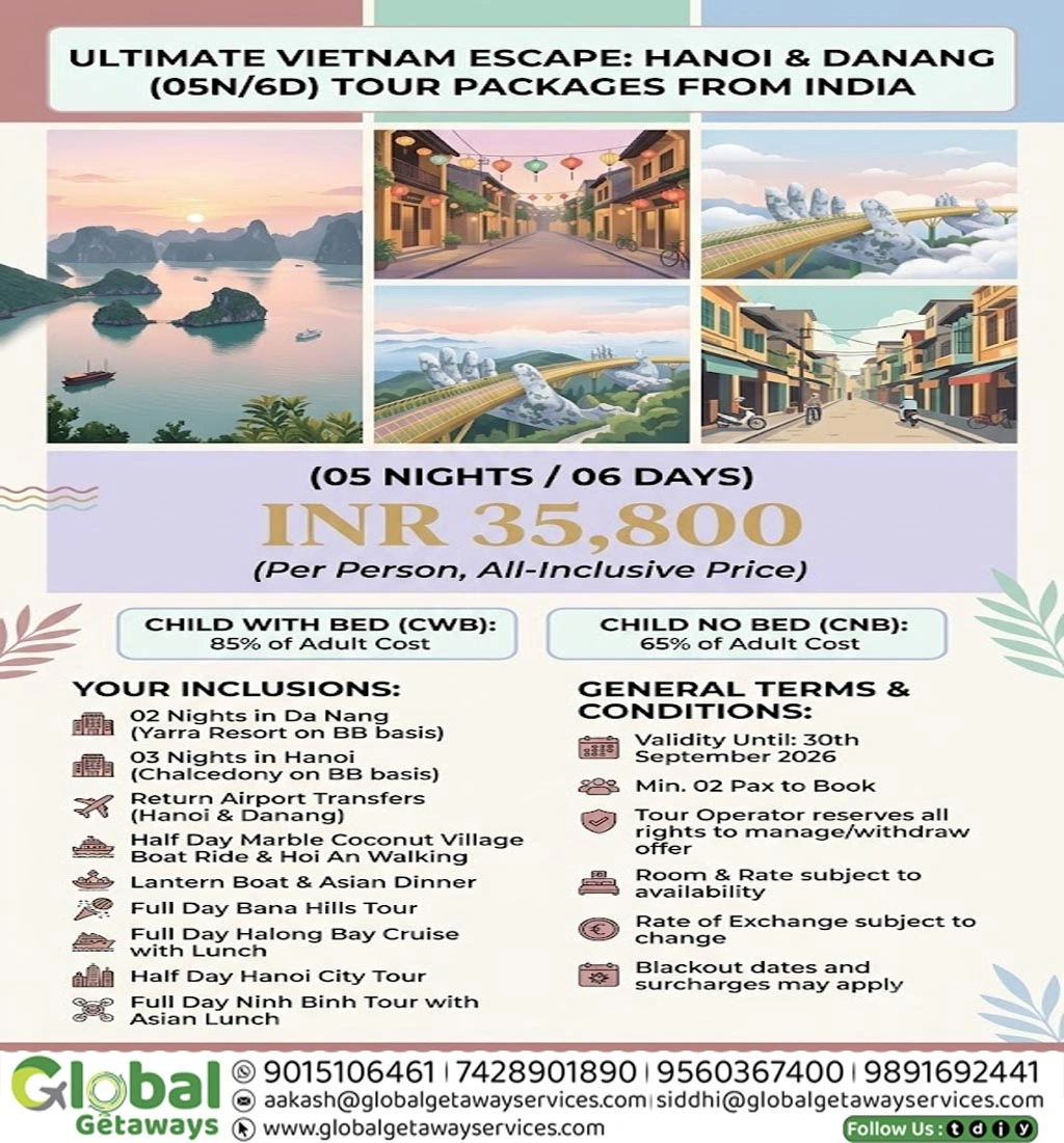 Vietnam Tour Package from Delhi: Best 6D/5N Trip (2026 Deal 1 Vietnam Hanoi Da Nang tour package from India - Best Vietnam holiday package price Delhi NCR - Halong Bay cruise and Ba Na Hills tour package - Best travel agency in East Delhi for Vietnam tour - Vietnam honeymoon and family package 6 days
