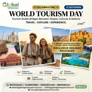 World Tourism Day Holiday Packages from Delhi: 5 Best Deals 2 World Tourism Day holiday packages from Delhi featuring smiling couple traveling with Taj Mahal, Amer Fort, and tropical beach postcards