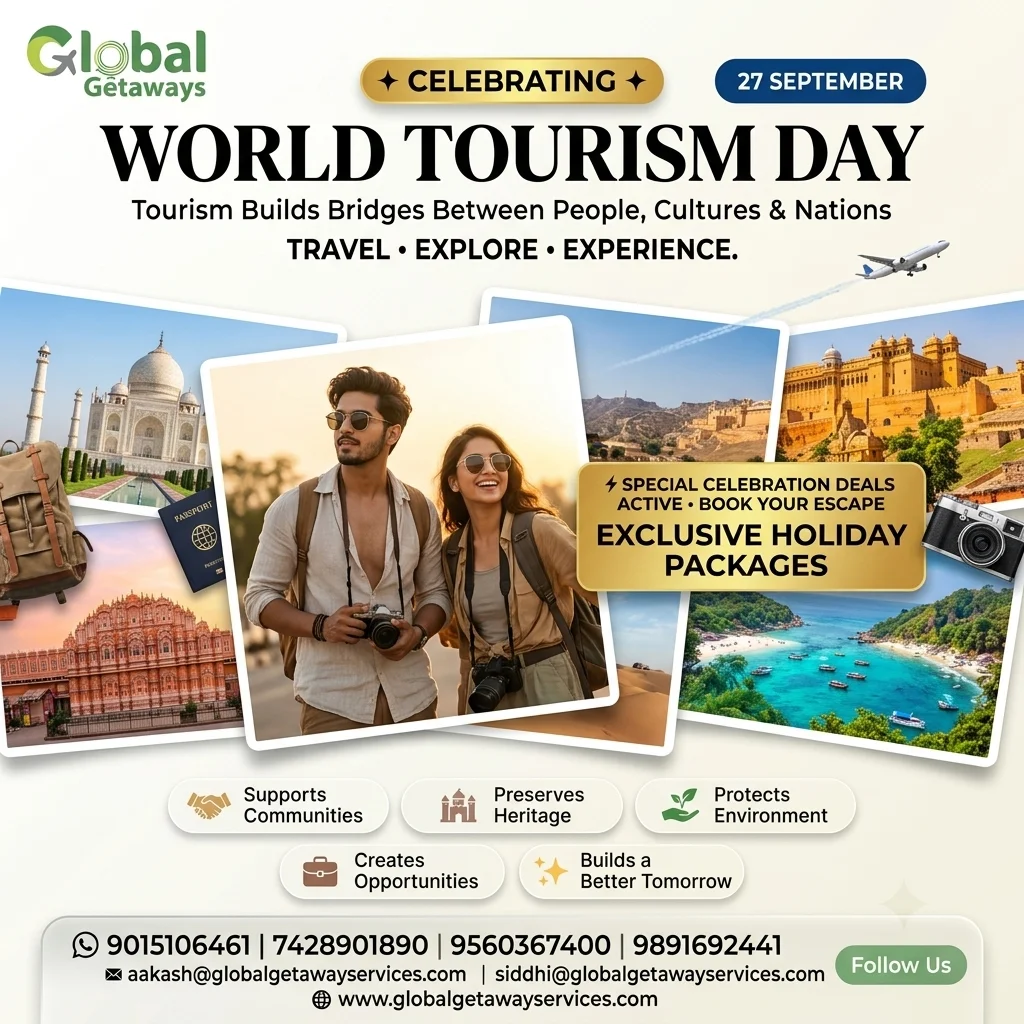 World Tourism Day Holiday Packages from Delhi: 5 Best Deals 1 World Tourism Day holiday packages from Delhi featuring smiling couple traveling with Taj Mahal, Amer Fort, and tropical beach postcards