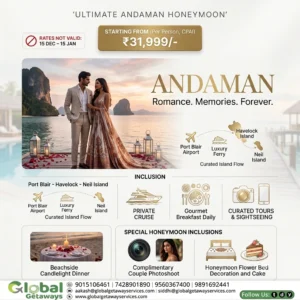 Andaman honeymoon package from Delhi featuring newlywed couple on private beach deck overlooking turquoise ocean waters