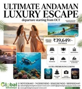 Ultimate Andaman Luxury Escape tour package from Delhi featuring couples on the beach, scuba diving, and dinner cruise special offer