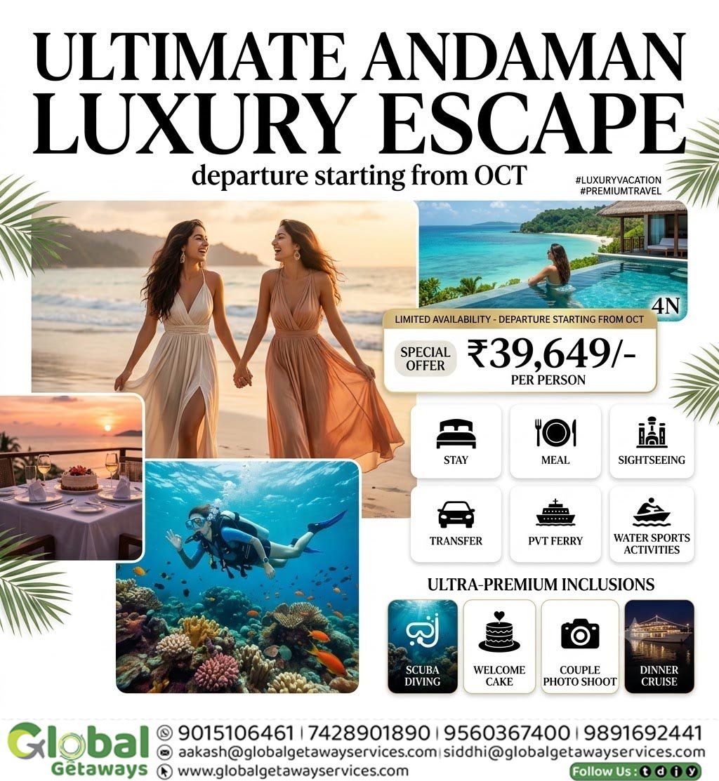 Ultimate Andaman Luxury Escape tour package from Delhi featuring couples on the beach, scuba diving, and dinner cruise special offer
