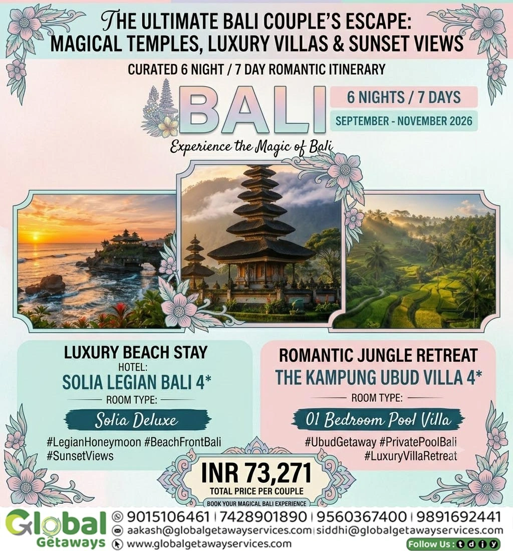 Bali Honeymoon Package from Delhi: Best 7D/6N Luxury Deal 1 Alt Text: Bali honeymoon package from Delhi featuring Tanah Lot sea temple sunset for couples