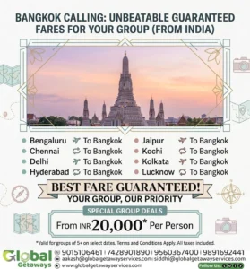 Bangkok group flight booking from India featuring Wat Arun temple and Chao Phraya river sunset
