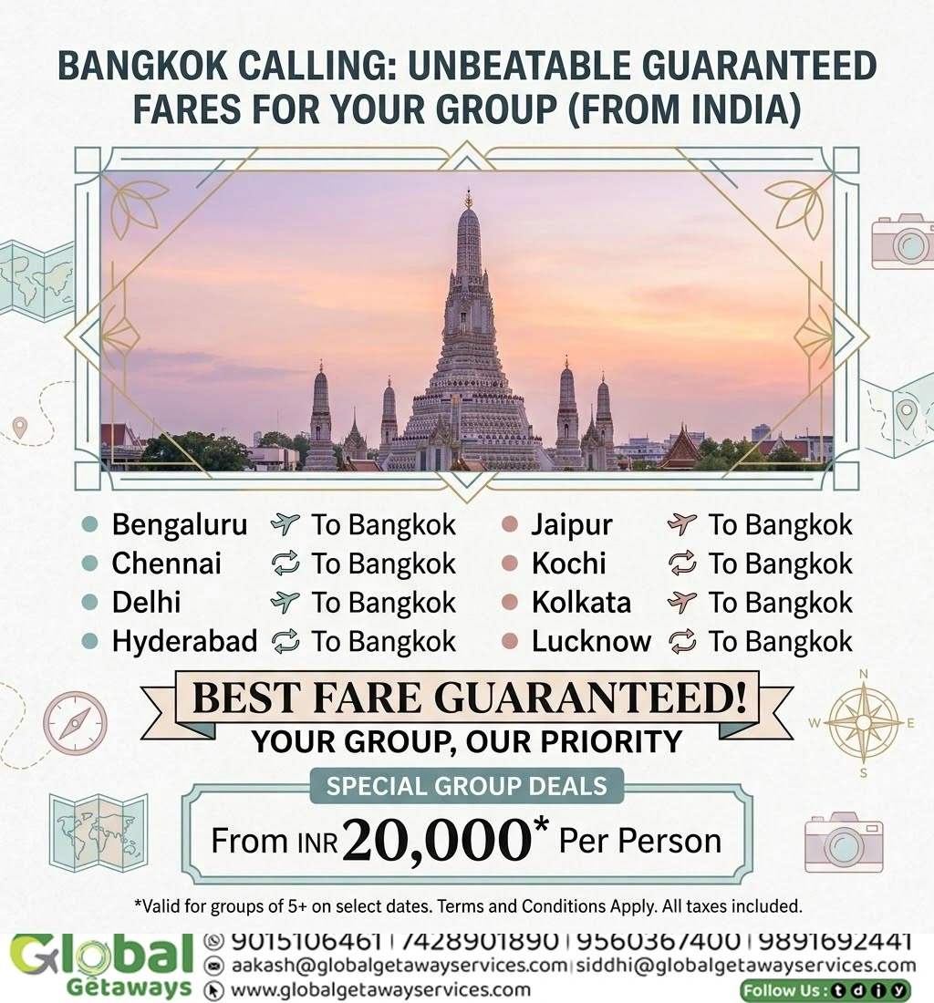 Bangkok group flight booking from India featuring Wat Arun temple and Chao Phraya river sunset