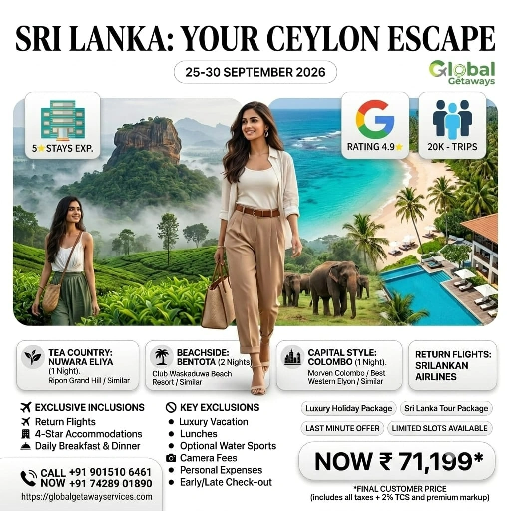 Sri Lanka Tour Package from Delhi: Best Last Minute Deal 1 Golden sandy shores and swaying palm trees lining the pristine tropical coast of Bentota Beach Sri Lanka tour package from Delhi