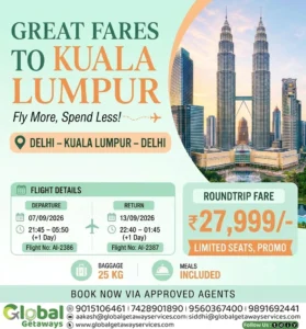 Flyer for Delhi to Kuala Lumpur Flight Deals September 2026 on Air India by Global Getaways