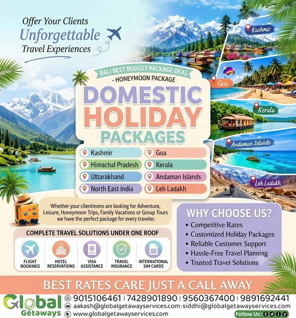 Domestic Holiday Packages from Delhi - Global Getaways 1 Domestic Holiday Packages from Delhi covering Kashmir Goa Kerala and Ladakh by Global Getaways East Delhi