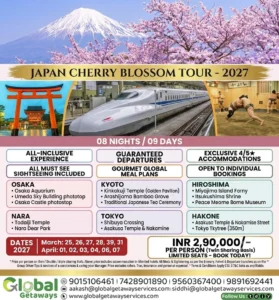 Japan Cherry Blossom Tour Package from Delhi 2027: 9-Day Trip 2 Japan Cherry Blossom Tour Package from Delhi covering Tokyo Kyoto Osaka Mt Fuji and Hiroshima by Global Getaways