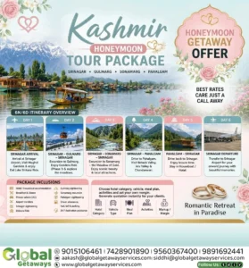 Kashmir Honeymoon Tour Package from Delhi: 6-Day Paradise Trip 2 Kashmir Honeymoon Tour Package from Delhi covering Srinagar Gulmarg Sonamarg and Pahalgam by Global Getaways