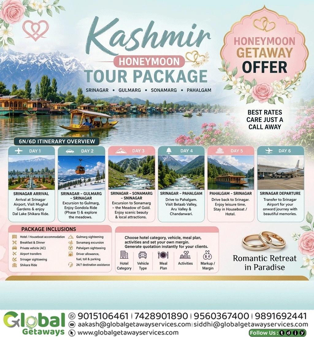 Kashmir Honeymoon Tour Package from Delhi: 6-Day Paradise Trip 1 Kashmir Honeymoon Tour Package from Delhi covering Srinagar Gulmarg Sonamarg and Pahalgam by Global Getaways