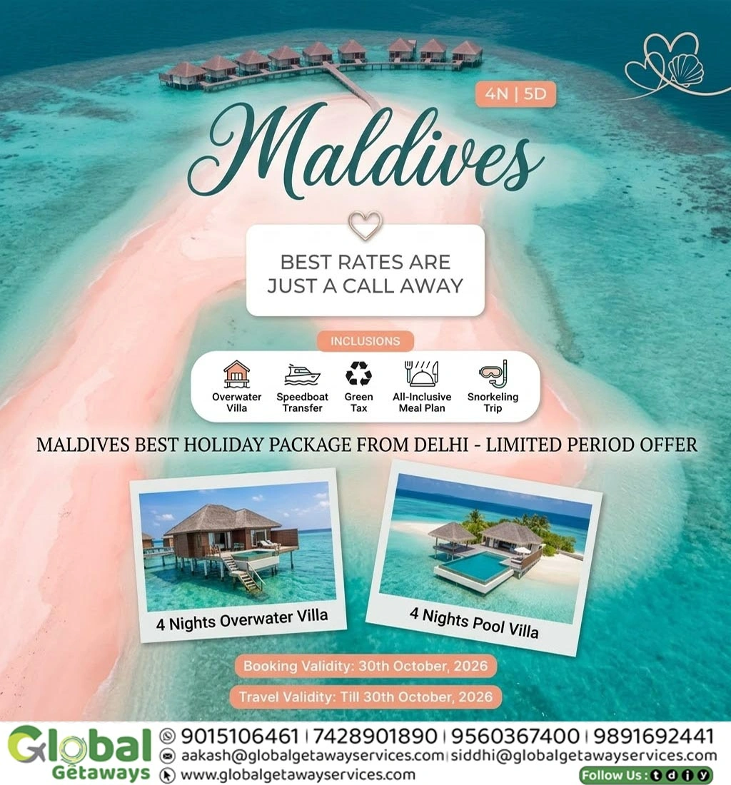 Maldives Best Holiday Package from Delhi: 4N Overwater Villa 1 Maldives Best Holiday Package from Delhi with 4 Nights Overwater Villa and All-Inclusive Meals by Global Getaways