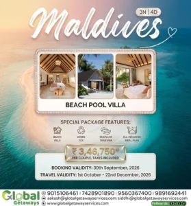 Maldives 3N 4D luxury beach pool villa package with seaplane transfer by Global Getaways Delhi
