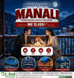 Manali honeymoon package from Delhi featuring young couple enjoying candlelit dinner on snowy balcony overlooking alpine chalets