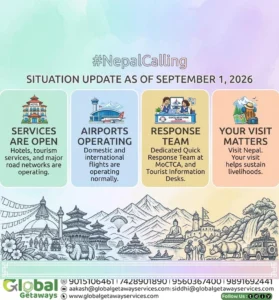 Exclusive Nepal Tour Package from Delhi 2026: Travel Safety Update @ Lowest Price Guaranteed 2 Flyer for Nepal Tour Package from Delhi 2026 featuring Nepal Calling travel situation update as of September 1 2026 by Global Getaways