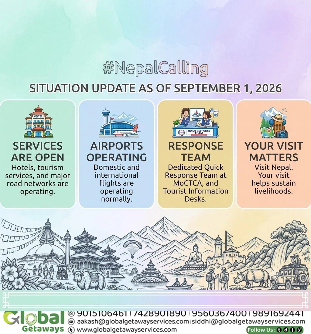 Exclusive Nepal Tour Package from Delhi 2026: Travel Safety Update @ Lowest Price Guaranteed 1 Flyer for Nepal Tour Package from Delhi 2026 featuring Nepal Calling travel situation update as of September 1 2026 by Global Getaways