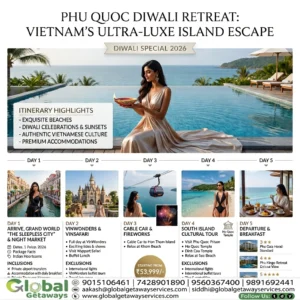 Phu Quoc Tour Package from Delhi: Best 5D Diwali Luxury Deal 2 Phu Quoc tour package from Delhi featuring Indian woman holding a Diwali diya beside luxury infinity pool overlooking the Gulf of Thailand