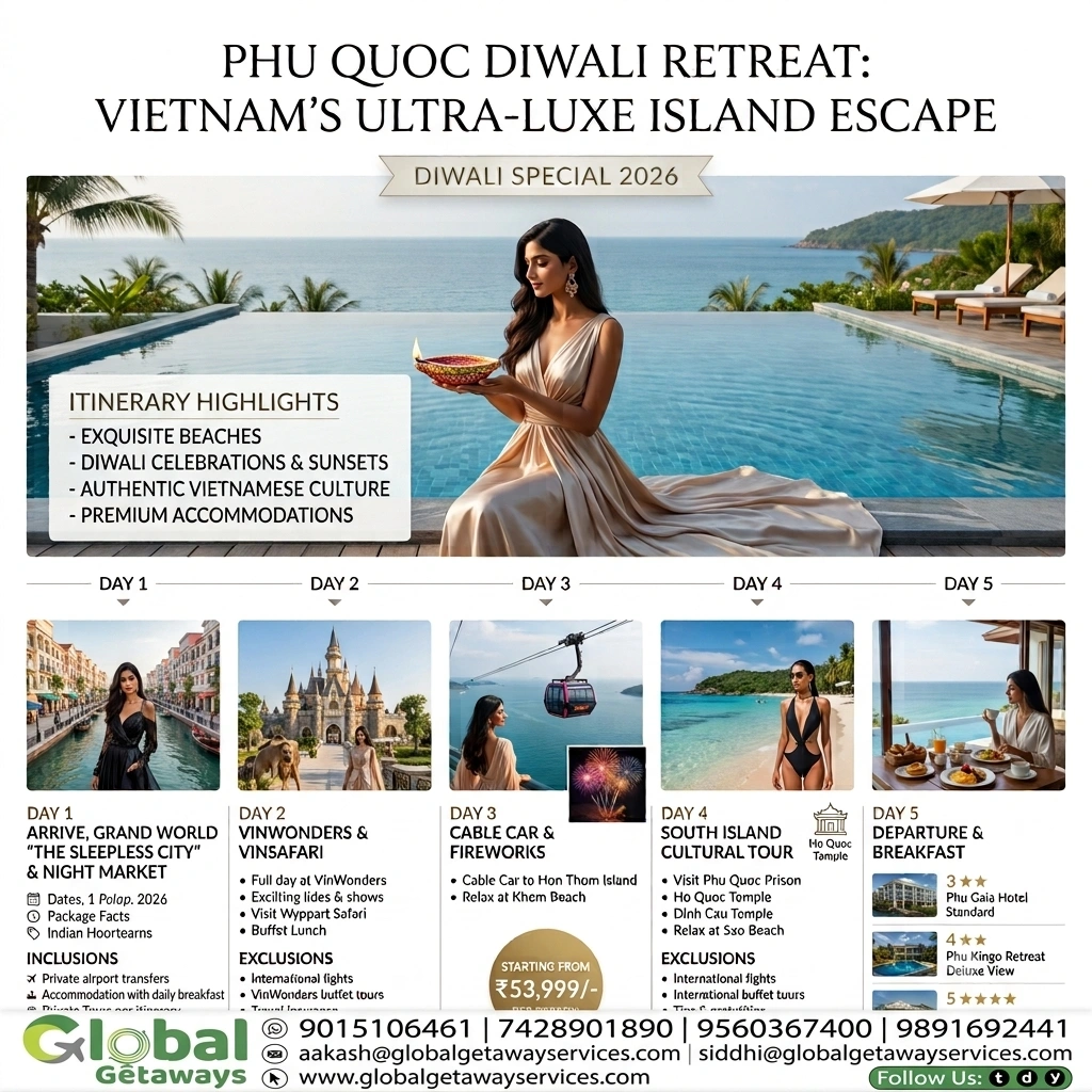 Phu Quoc Tour Package from Delhi: Best 5D Diwali Luxury Deal 1 Phu Quoc tour package from Delhi featuring Indian woman holding a Diwali diya beside luxury infinity pool overlooking the Gulf of Thailand