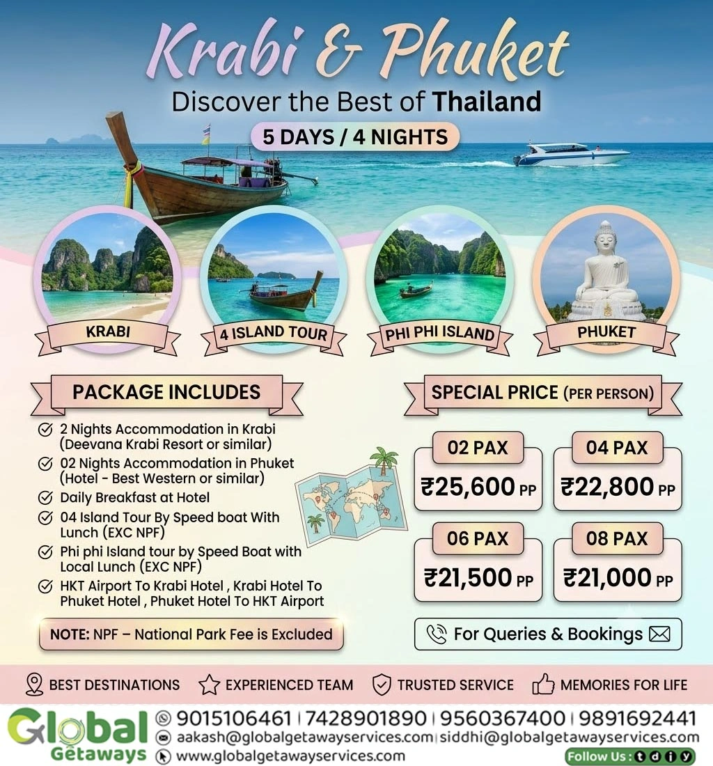 Phuket Krabi Tour Package from Delhi covering Phi Phi Island and 4 Island Speedboat Tour by Global Getaways