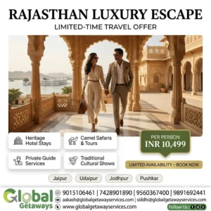 Rajasthan luxury tour package from Delhi featuring sophisticated couple walking in a grand royal palace balcony overlooking Lake Pichola Udaipur
