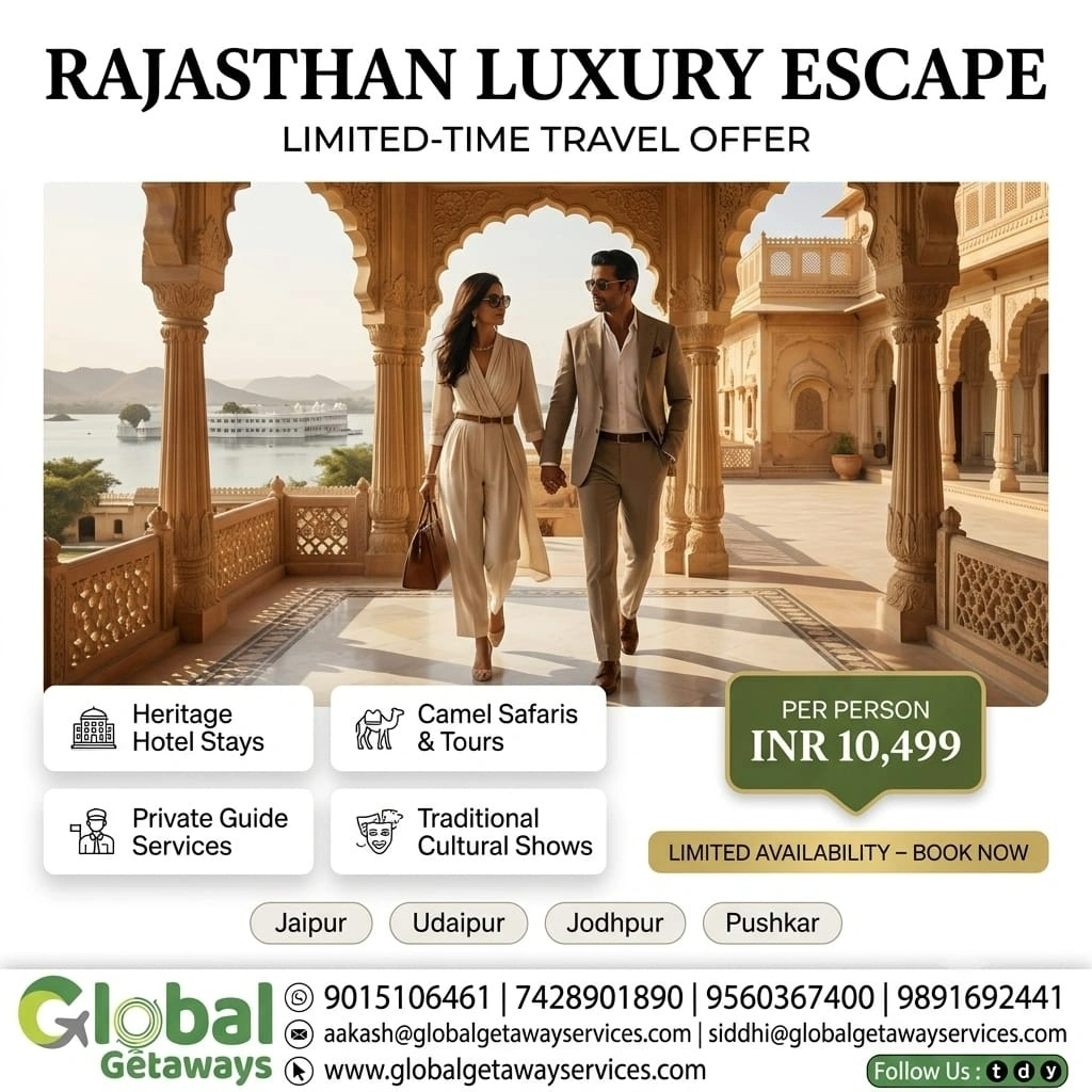 Rajasthan luxury tour package from Delhi featuring sophisticated couple walking in a grand royal palace balcony overlooking Lake Pichola Udaipur