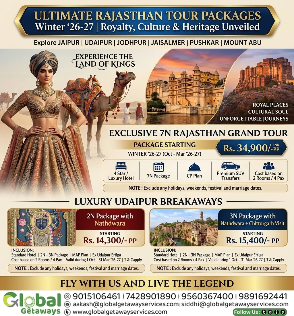 Rajasthan tour package from Delhi featuring Udaipur City Palace illuminated over Lake Pichola during winter