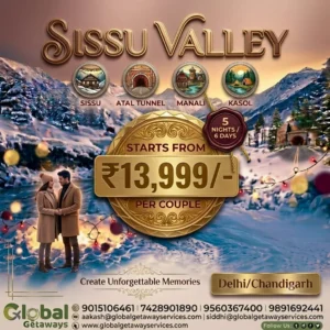 Sissu Valley tour package from Delhi featuring a romantic couple standing amidst fairy-lit winter snowscapes and pine trees in Lahaul