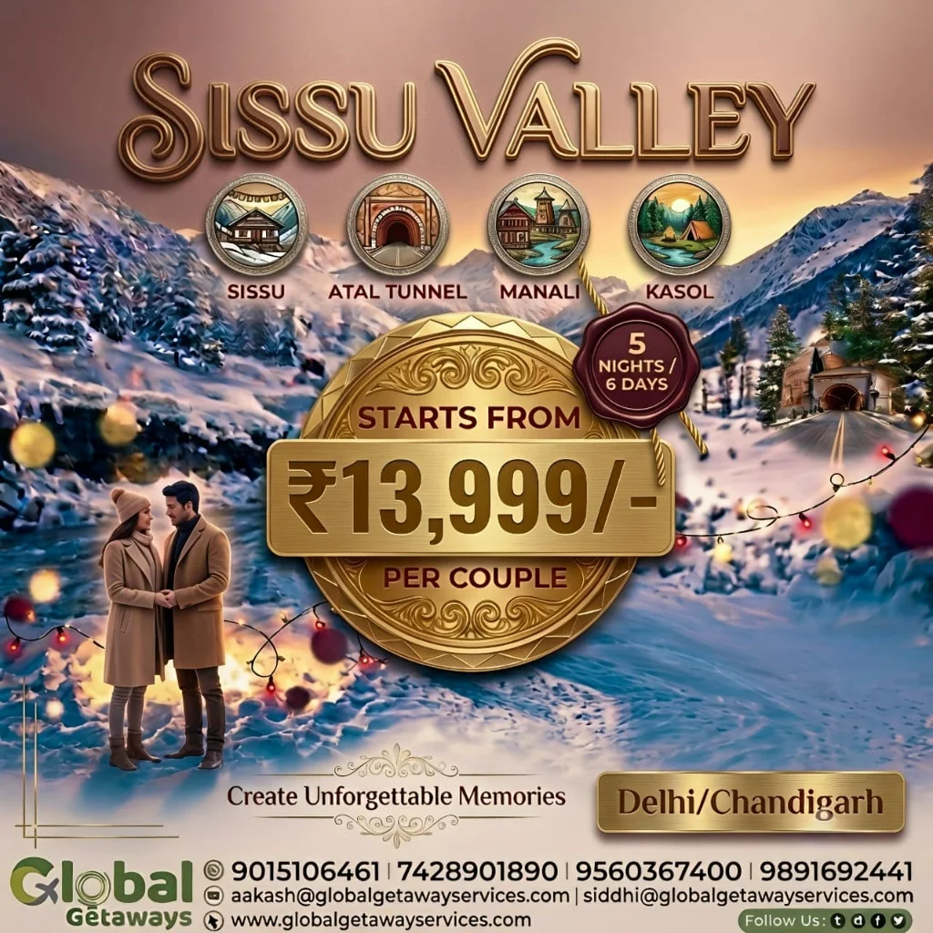 Sissu Valley tour package from Delhi featuring a romantic couple standing amidst fairy-lit winter snowscapes and pine trees in Lahaul