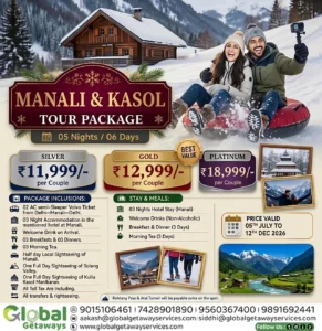 Manali Kasol Tour Package from Delhi: Best 6D Couple Deal 2 Travelers enjoying paragliding and snow quad biking amidst majestic snow-capped peaks in Solang Valley