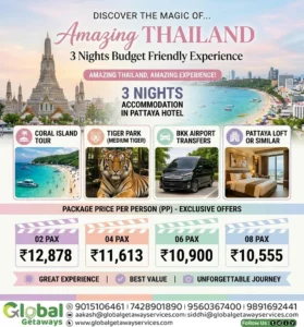 Thailand Tour Package from Delhi 3 Nights covering Pattaya Coral Island and Tiger Park by Global Getaways
