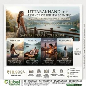 Uttarakhand Tour Package from Delhi: Best 8D Circuit Deal 2 Uttarakhand tour package from Delhi featuring woman in ethnic gown overlooking misty mountain lake and river valleys