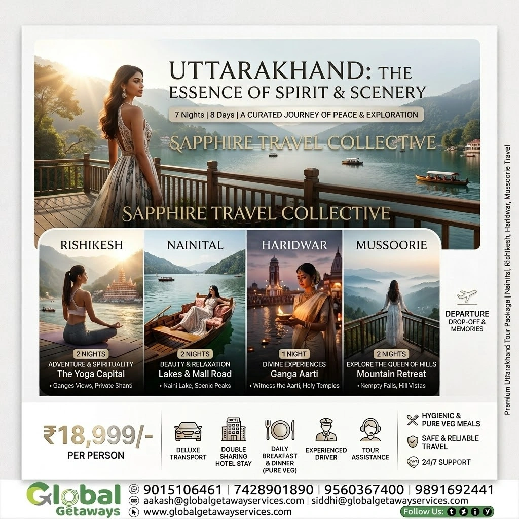 Uttarakhand Tour Package from Delhi: Best 8D Circuit Deal 1 Uttarakhand tour package from Delhi featuring woman in ethnic gown overlooking misty mountain lake and river valleys