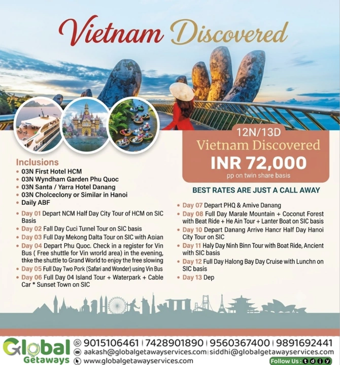 Vietnam Tour Package from Delhi 12 Nights covering HCM Phu Quoc Da Nang Hanoi and Halong Bay by Global Getaways