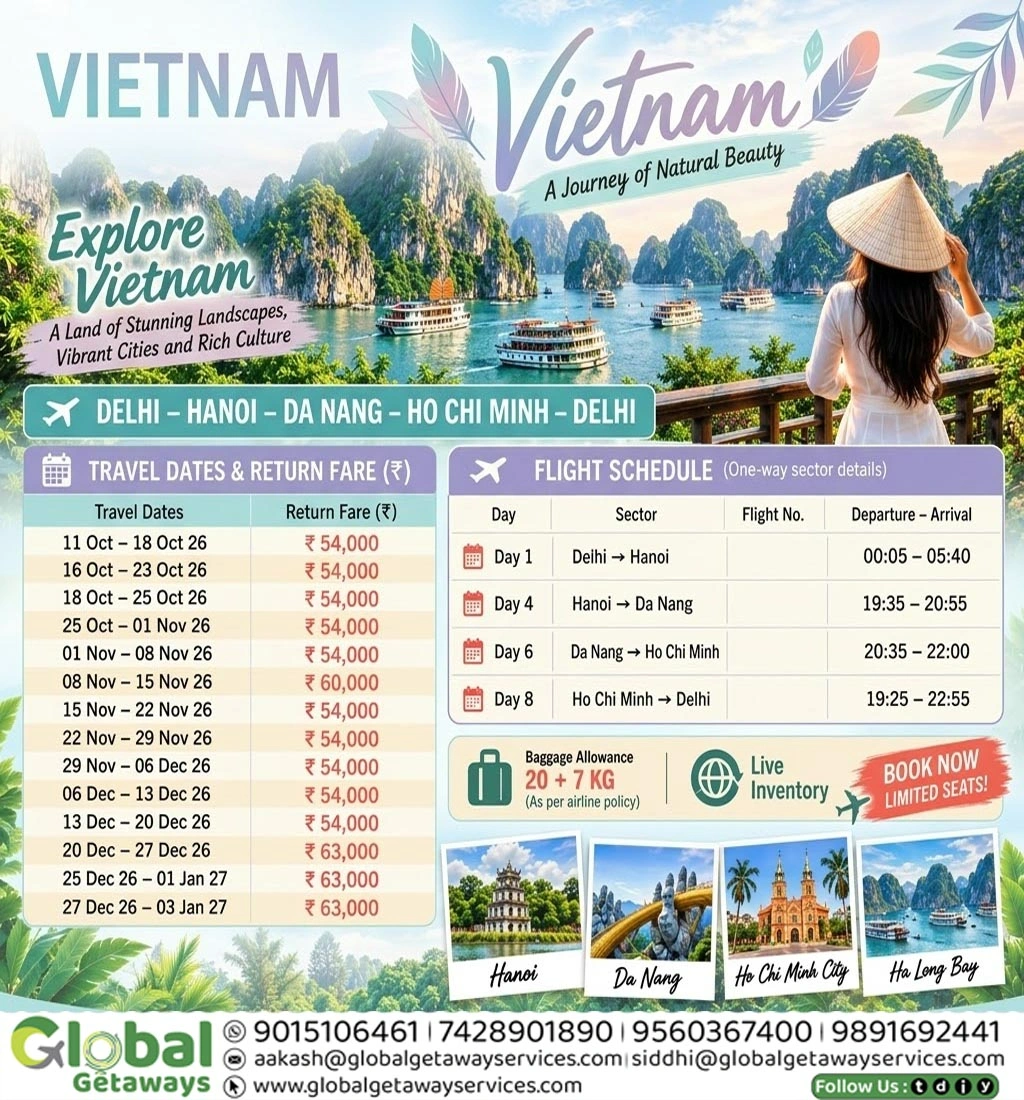 Vietnam Tour Package with Flights from Delhi covering Hanoi Da Nang and Ho Chi Minh by Global Getaways