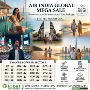 Air India international tour packages from Delhi featuring smiling couple at Maldives water villa, Tokyo Shibuya crossing, Bali temple gates, and Dubai skyline with 20 airport sector codes