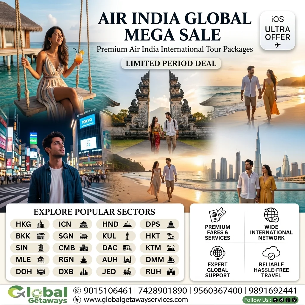 Air India international tour packages from Delhi featuring smiling couple at Maldives water villa, Tokyo Shibuya crossing, Bali temple gates, and Dubai skyline with 20 airport sector codes