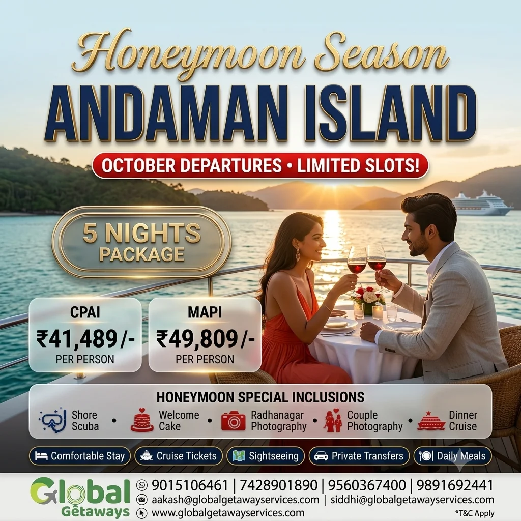 Andaman Honeymoon Package from Delhi: 5N Deal from ₹41,489 1 Andaman honeymoon package from Delhi featuring couple toasting wine glasses on yacht deck overlooking sunset with cruise ship and Andaman islands
