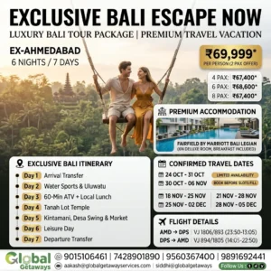 Bali Honeymoon Package from Delhi with Flight: 6N Deal 2 Bali honeymoon package from Delhi with flight featuring couple on giant wooden jungle swing overlooking misty tropical palm forest with Fairfield by Marriott pool resort