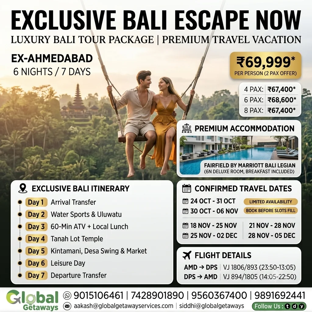 Bali Honeymoon Package from Delhi with Flight: 6N Deal 1 Bali honeymoon package from Delhi with flight featuring couple on giant wooden jungle swing overlooking misty tropical palm forest with Fairfield by Marriott pool resort