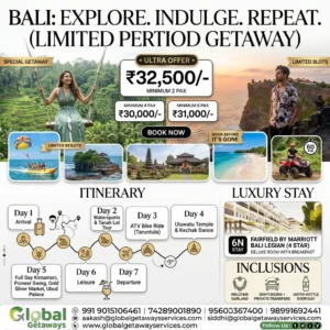 Bali tour package from Delhi featuring young couple on famous Ubud jungle swing and Uluwatu cliff temple with watersports and ATV quad bike