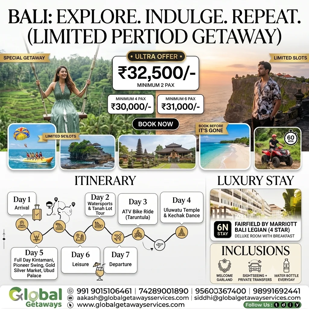 Bali tour package from Delhi featuring young couple on famous Ubud jungle swing and Uluwatu cliff temple with watersports and ATV quad bike