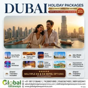 Dubai holiday packages from Delhi featuring smiling couple on luxury balcony overlooking Burj Khalifa, Dubai fountain lake and traditional dhow with multiple 4-star and 5-star hotel options
