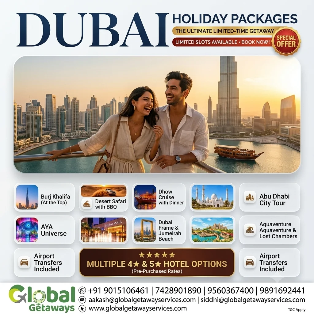 Dubai holiday packages from Delhi featuring smiling couple on luxury balcony overlooking Burj Khalifa, Dubai fountain lake and traditional dhow with multiple 4-star and 5-star hotel options